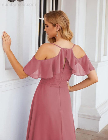 Numbersea Chiffon Cold Shoulder Long Bridesmaid Dresses Plus Size Formal Prom Gowns for Women Party Wedding  SEA28070