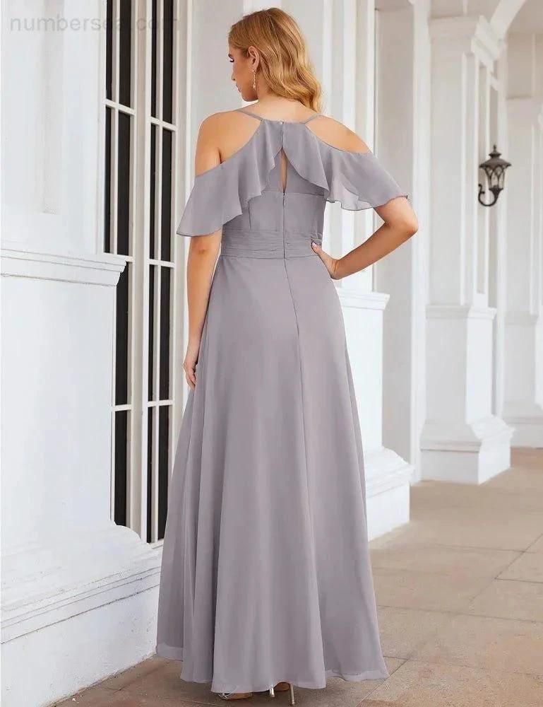 Numbersea Chiffon Cold Shoulder Long Bridesmaid Dresses Plus Size Formal Prom Gowns for Women Party Wedding SEA28070 by numbersea