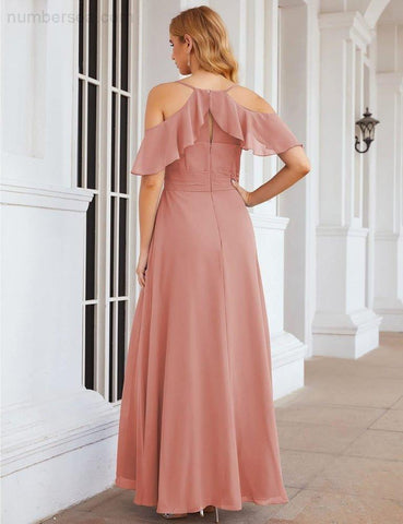 Numbersea Chiffon Cold Shoulder Long Bridesmaid Dresses Plus Size Formal Prom Gowns for Women Party Wedding  SEA28070