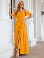 Numbersea Chiffon Cold Shoulder Long Bridesmaid Dresses Plus Size Formal Prom Gowns for Women Party Wedding SEA28070 by numbersea