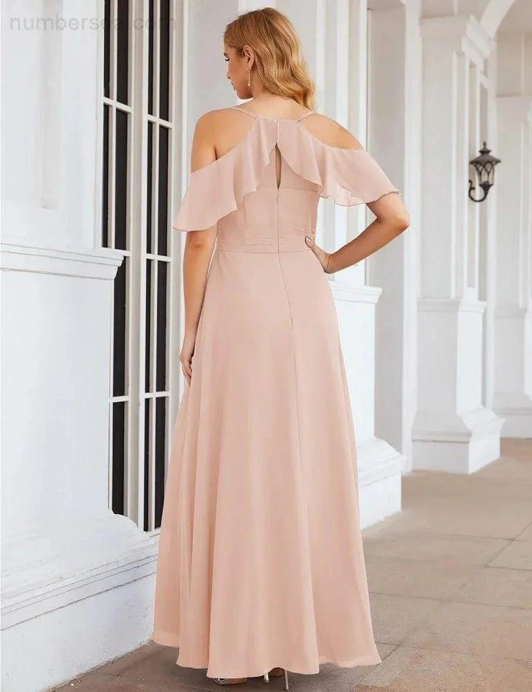 Numbersea Chiffon Cold Shoulder Long Bridesmaid Dresses Plus Size Formal Prom Gowns for Women Party Wedding SEA28070 by numbersea