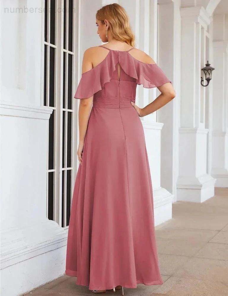 Numbersea Chiffon Cold Shoulder Long Bridesmaid Dresses Plus Size Formal Prom Gowns for Women Party Wedding SEA28070 by numbersea