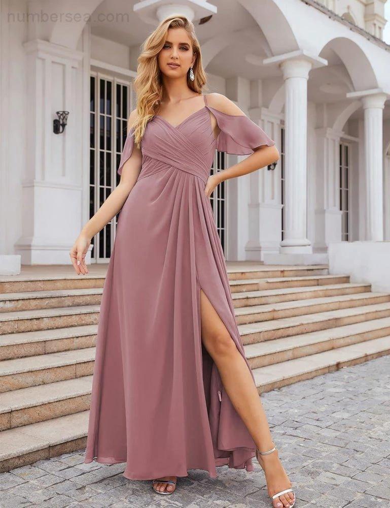 Numbersea Chiffon Cold Shoulder Long Bridesmaid Dresses Plus Size Formal Prom Gowns for Women Party Wedding SEA28070 by numbersea