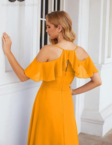 Numbersea Chiffon Cold Shoulder Long Bridesmaid Dresses Plus Size Formal Prom Gowns for Women Party Wedding  SEA28070