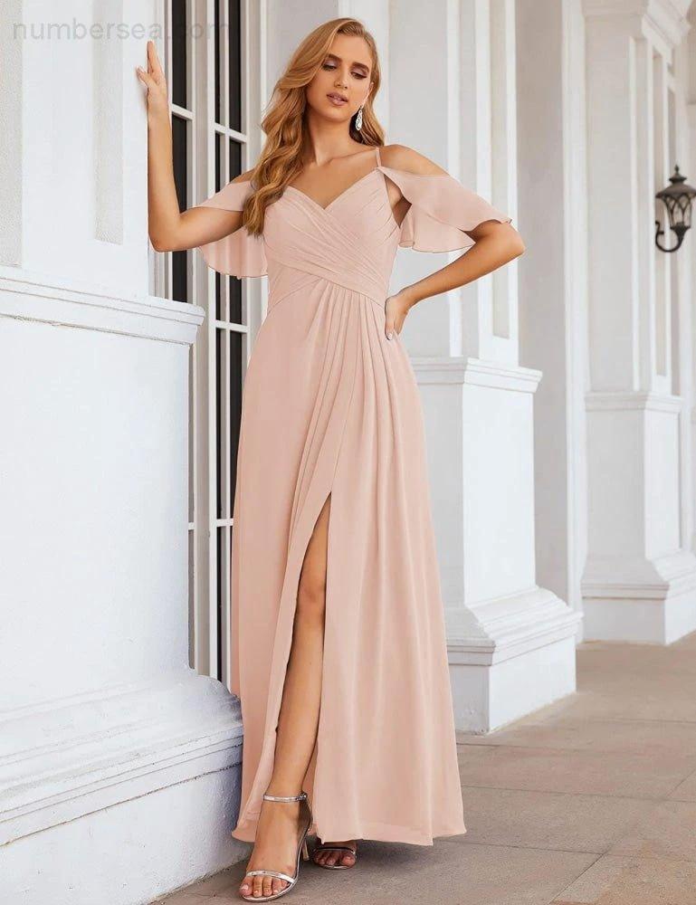 Numbersea Chiffon Cold Shoulder Long Bridesmaid Dresses Plus Size Formal Prom Gowns for Women Party Wedding SEA28070 by numbersea