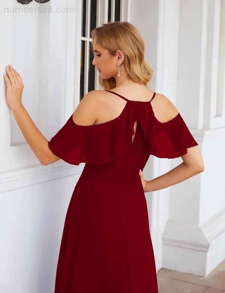 Numbersea Chiffon Cold Shoulder Long Bridesmaid Dresses Plus Size Formal Prom Gowns for Women Party Wedding SEA28070 by numbersea