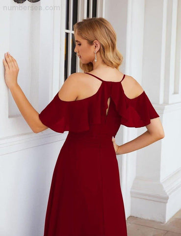 Numbersea Chiffon Cold Shoulder Long Bridesmaid Dresses Plus Size Formal Prom Gowns for Women Party Wedding  SEA28070