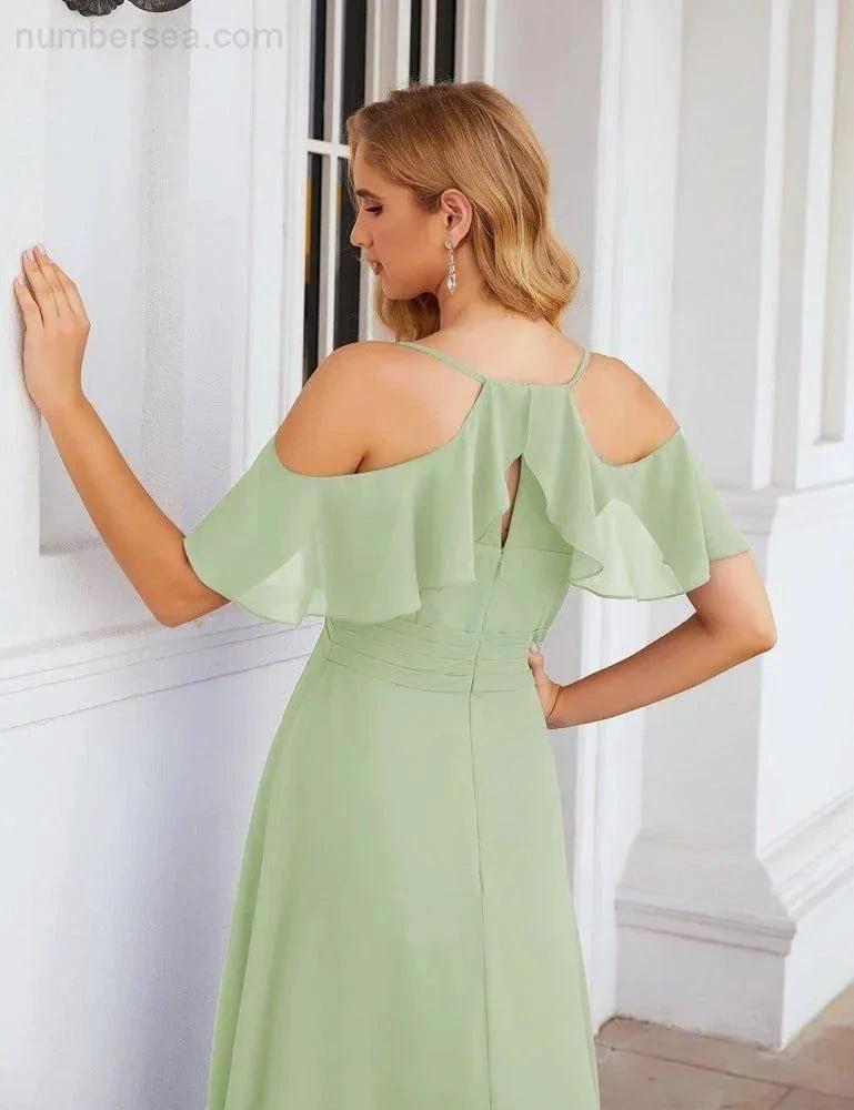 Numbersea Chiffon Cold Shoulder Long Bridesmaid Dresses Plus Size Formal Prom Gowns for Women Party Wedding SEA28070 by numbersea