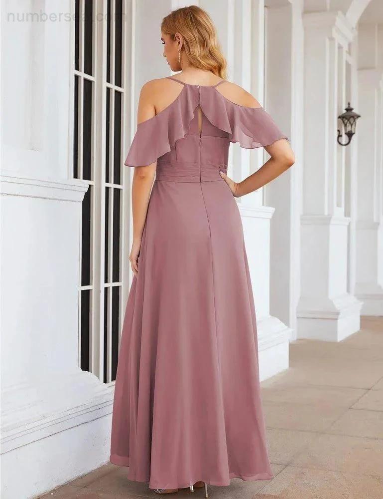 Numbersea Chiffon Cold Shoulder Long Bridesmaid Dresses Plus Size Formal Prom Gowns for Women Party Wedding SEA28070 by numbersea