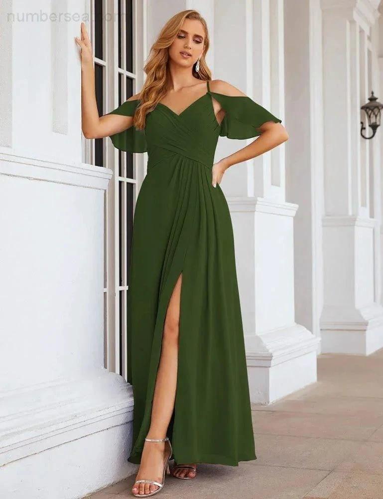 Numbersea Chiffon Cold Shoulder Long Bridesmaid Dresses Plus Size Formal Prom Gowns for Women Party Wedding SEA28070 by numbersea