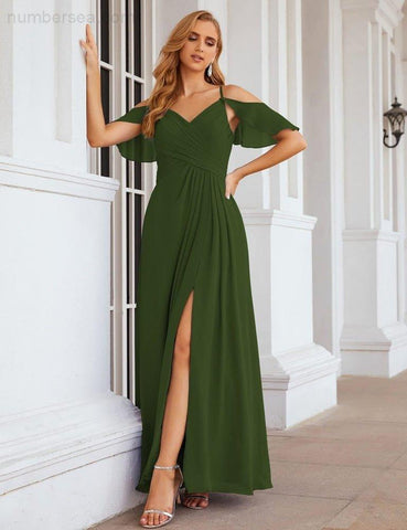 Numbersea Chiffon Cold Shoulder Long Bridesmaid Dresses Plus Size Formal Prom Gowns for Women Party Wedding  SEA28070