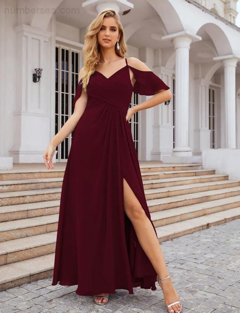 Numbersea Chiffon Cold Shoulder Long Bridesmaid Dresses Plus Size Formal Prom Gowns for Women Party Wedding SEA28070 by numbersea