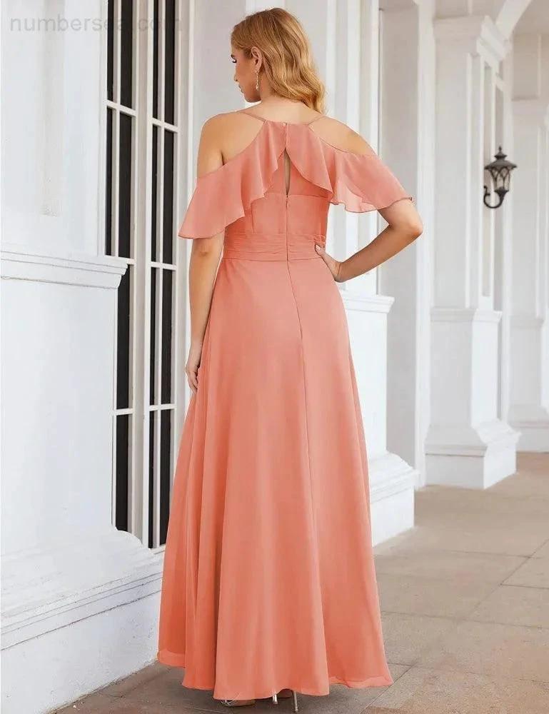 Numbersea Chiffon Cold Shoulder Long Bridesmaid Dresses Plus Size Formal Prom Gowns for Women Party Wedding SEA28070 by numbersea