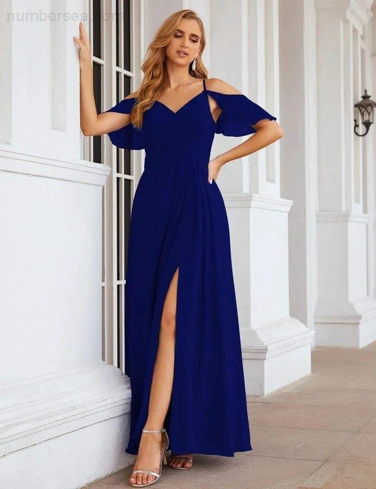 Numbersea Chiffon Cold Shoulder Long Bridesmaid Dresses Plus Size Formal Prom Gowns for Women Party Wedding SEA28070 by numbersea