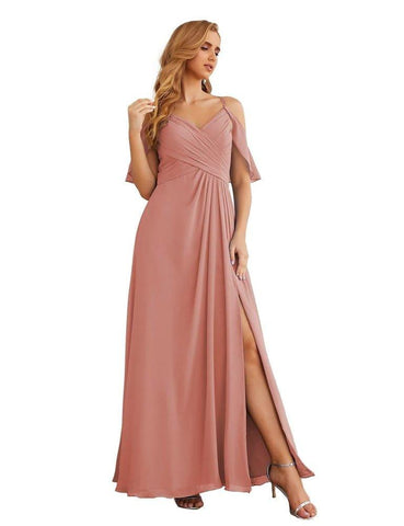 Numbersea Chiffon Cold Shoulder Long Bridesmaid Dresses Plus Size Formal Prom Gowns for Women Party Wedding  SEA28070