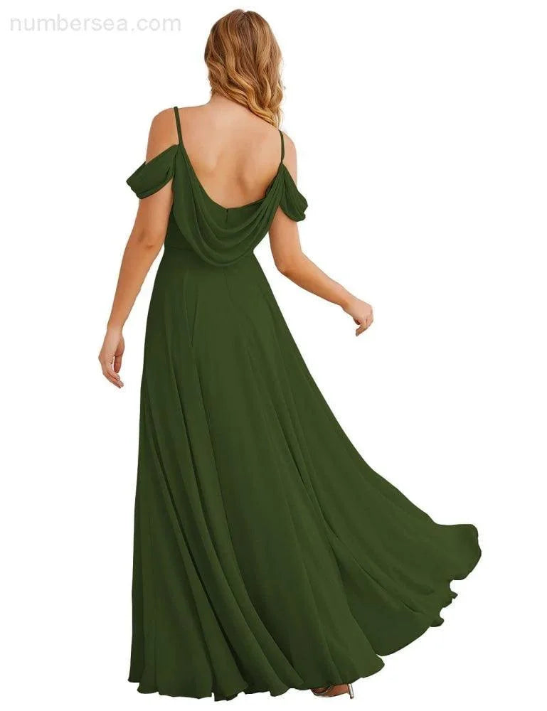 Abiti da damigella d'onore in chiffon con spalle scoperte Numbersea, lunghi maxi formali per ballo e festa per donne SEA28059