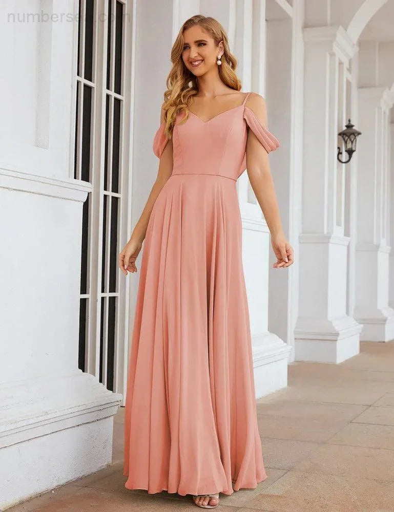 Abiti da damigella d'onore in chiffon con spalle scoperte Numbersea, lunghi maxi formali per ballo e festa per donne SEA28059