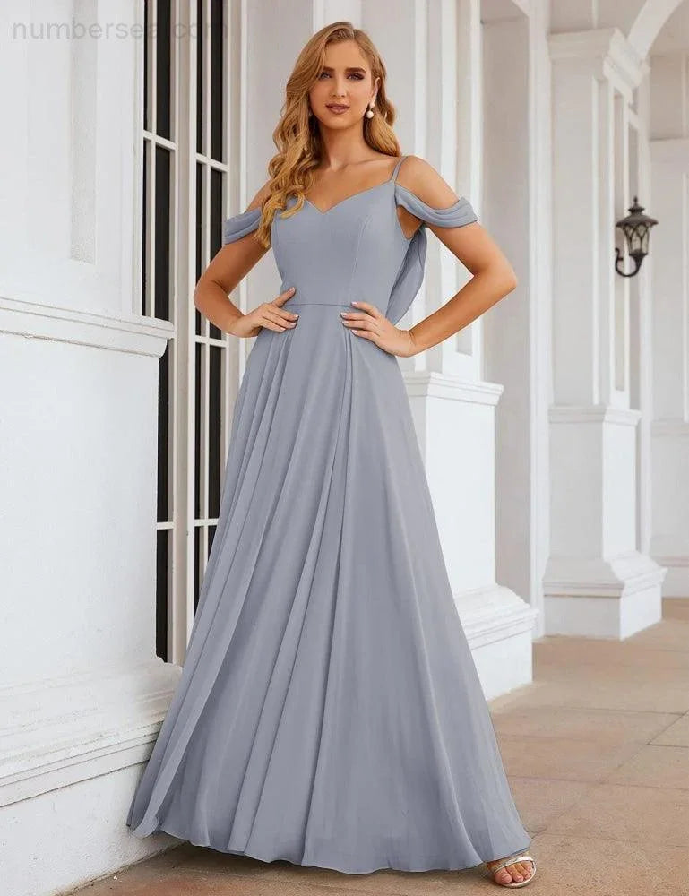 Abiti da damigella d'onore in chiffon con spalle scoperte Numbersea, lunghi maxi formali per ballo e festa per donne SEA28059