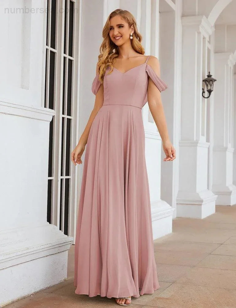 Abiti da damigella d'onore in chiffon con spalle scoperte Numbersea, lunghi maxi formali per ballo e festa per donne SEA28059