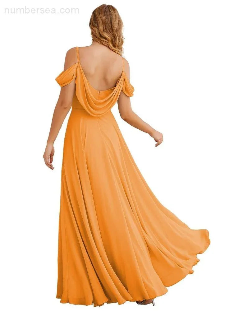 Abiti da damigella d'onore in chiffon con spalle scoperte Numbersea, lunghi maxi formali per ballo e festa per donne SEA28059