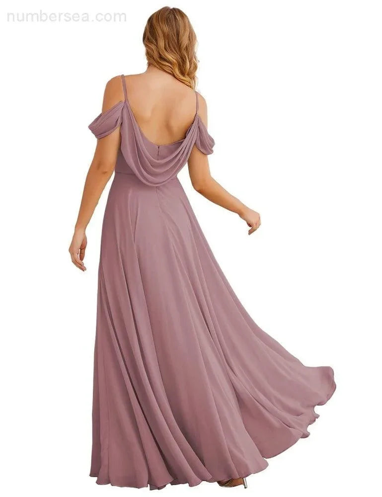 Abiti da damigella d'onore in chiffon con spalle scoperte Numbersea, lunghi maxi formali per ballo e festa per donne SEA28059