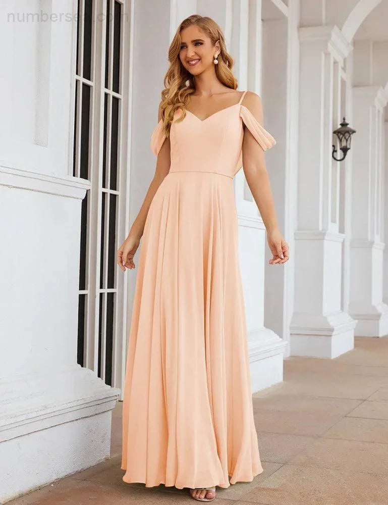Abiti da damigella d'onore in chiffon con spalle scoperte Numbersea, lunghi maxi formali per ballo e festa per donne SEA28059