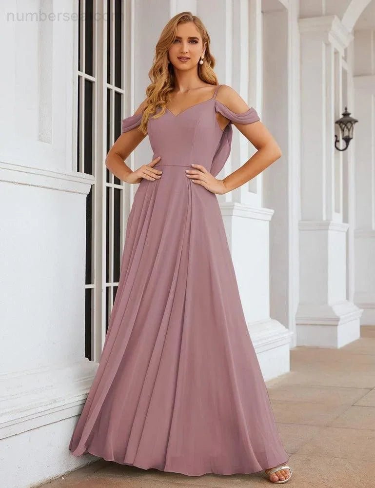 Abiti da damigella d'onore in chiffon con spalle scoperte Numbersea, lunghi maxi formali per ballo e festa per donne SEA28059