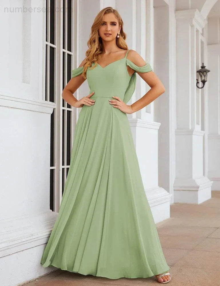 Abiti da damigella d'onore in chiffon con spalle scoperte Numbersea, lunghi maxi formali per ballo e festa per donne SEA28059