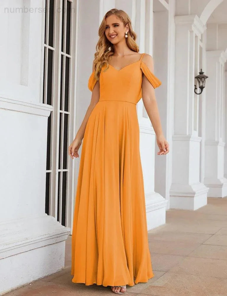 Abiti da damigella d'onore in chiffon con spalle scoperte Numbersea, lunghi maxi formali per ballo e festa per donne SEA28059