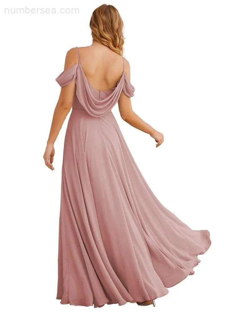 Abiti da damigella d'onore in chiffon con spalle scoperte Numbersea, lunghi maxi formali per ballo e festa per donne SEA28059