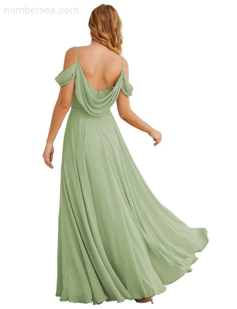 Abiti da damigella d'onore in chiffon con spalle scoperte Numbersea, lunghi maxi formali per ballo e festa per donne SEA28059