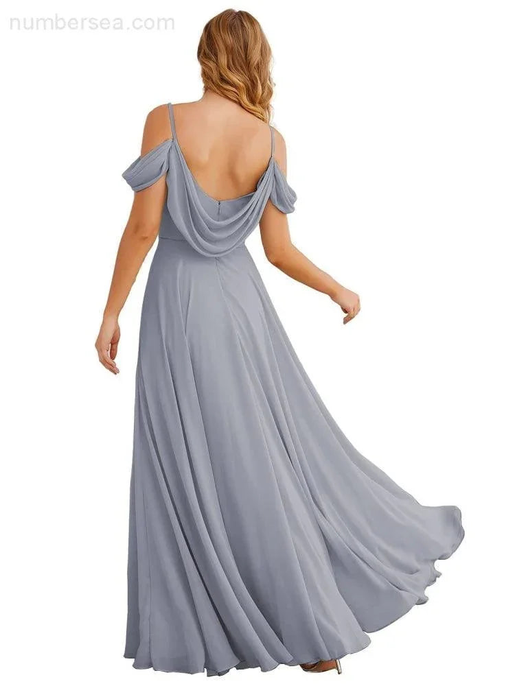 Abiti da damigella d'onore in chiffon con spalle scoperte Numbersea, lunghi maxi formali per ballo e festa per donne SEA28059