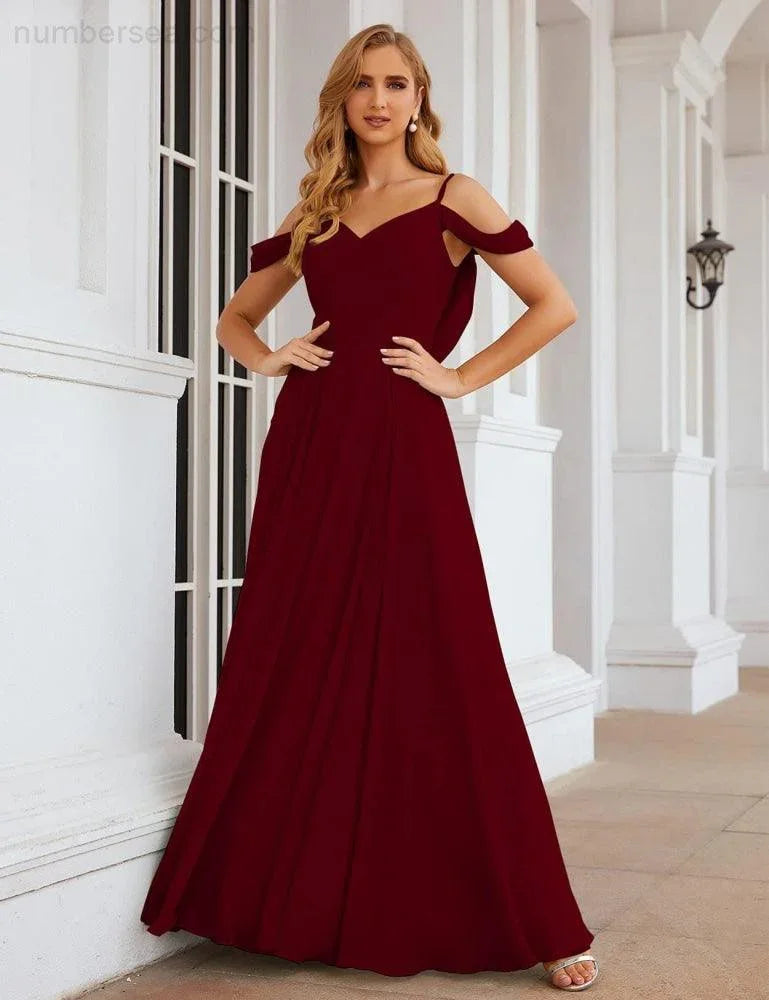Abiti da damigella d'onore in chiffon con spalle scoperte Numbersea, lunghi maxi formali per ballo e festa per donne SEA28059