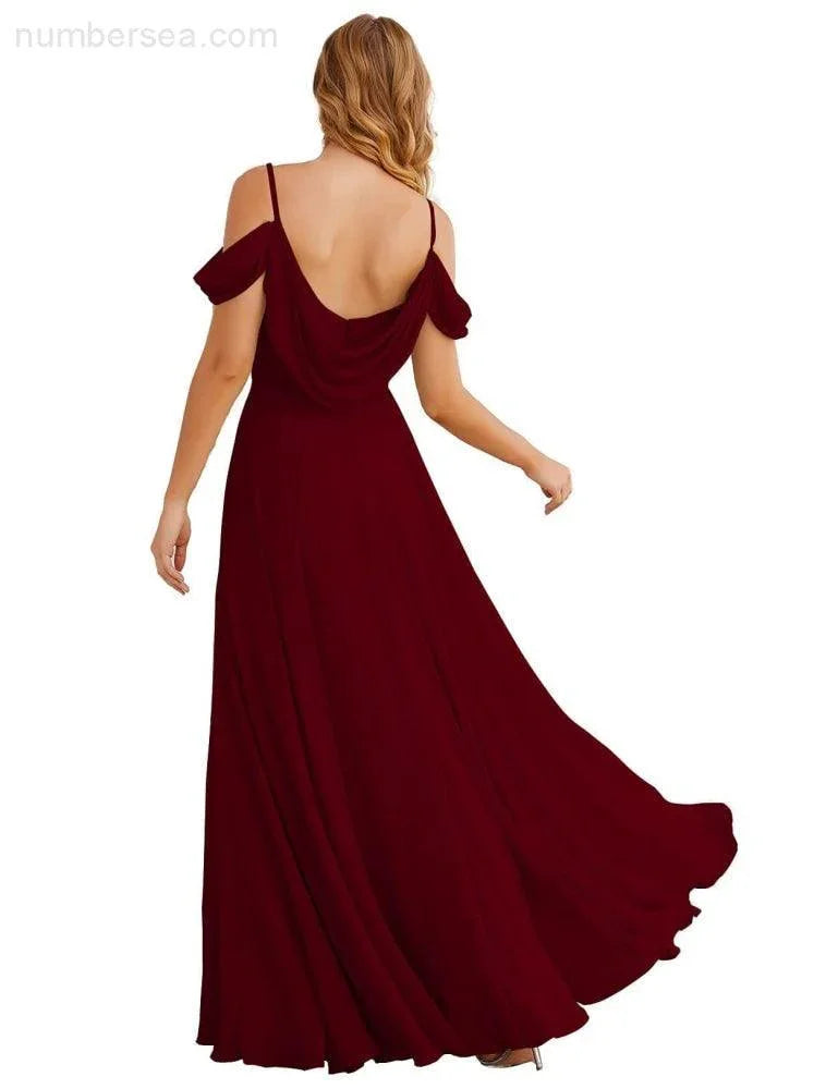 Abiti da damigella d'onore in chiffon con spalle scoperte Numbersea, lunghi maxi formali per ballo e festa per donne SEA28059