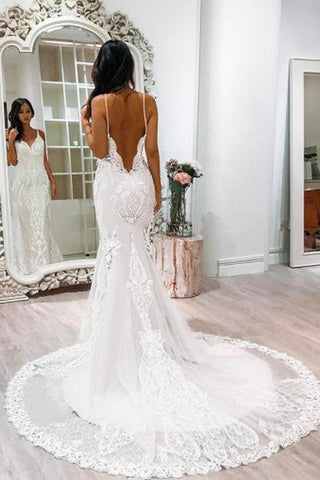 Hermoso vestido de novia blanco con tirantes finos, encaje, tul y cola de sirena MW239 