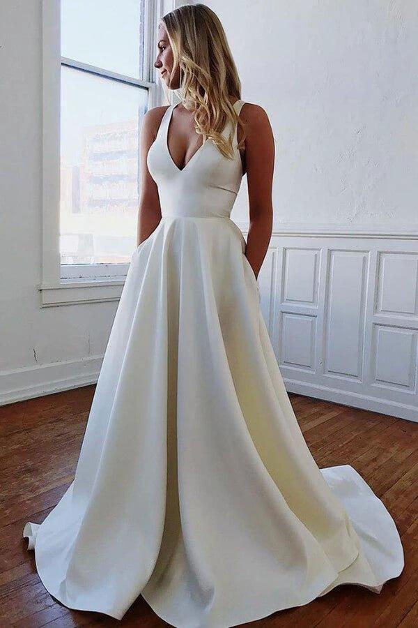 Ivory Satin A-line V-neck Wedding Dresses with Pockets Bridal Gowns MW680 by Musebridals