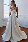 Ivory Satin A-line V-neck Wedding Dresses with Pockets Bridal Gowns MW680 by Musebridals