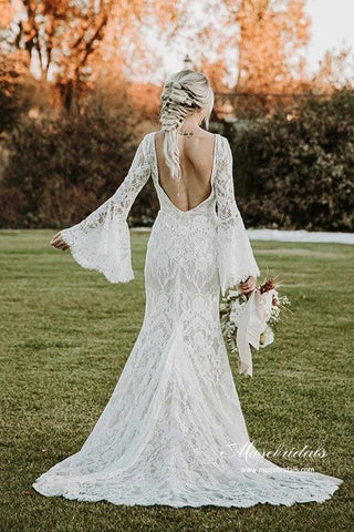 Vestido de novia vintage de encaje, sirena, escote en V, mangas largas y espalda descubierta, MW892