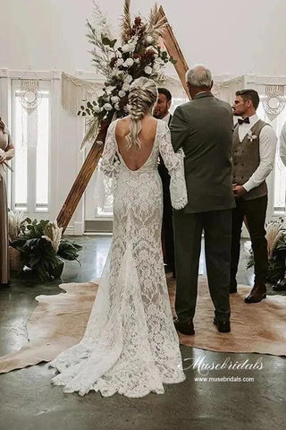 Vestido de novia vintage de encaje, sirena, escote en V, mangas largas y espalda descubierta, MW892