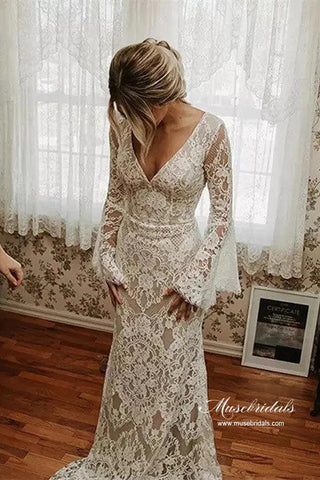 Vestido de novia vintage de encaje, sirena, escote en V, mangas largas y espalda descubierta, MW892
