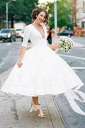 Modest A-line V-neck Half Sleeves Tea Length Taffeta Wedding Dresses, MW531 by Musebridals