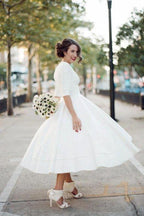 Modest A-line V-neck Half Sleeves Tea Length Taffeta Wedding Dresses, MW531 by Musebridals