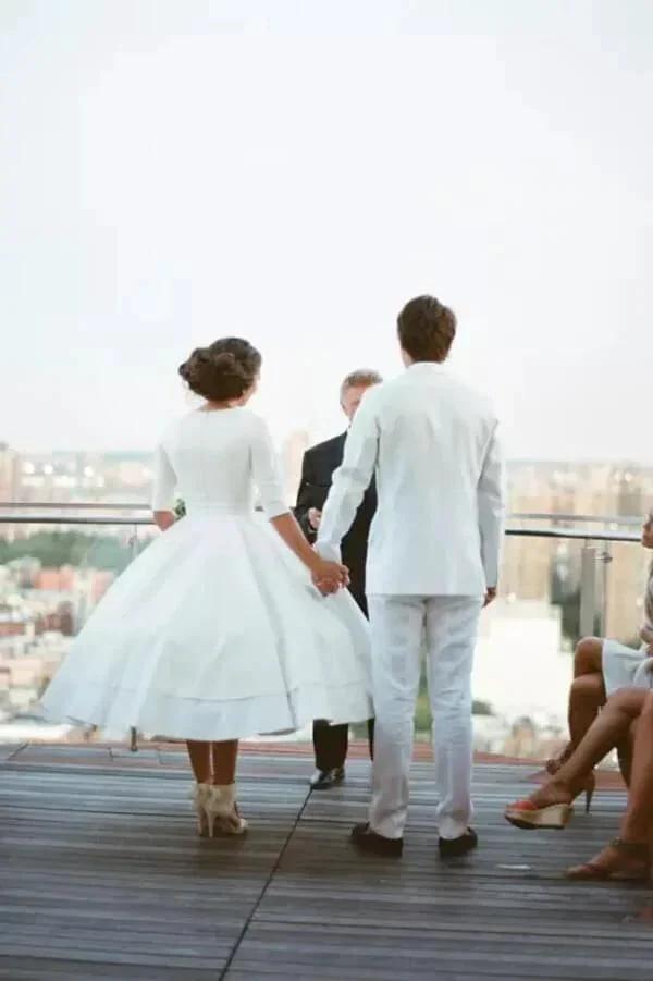 Modest A-line V-neck Half Sleeves Tea Length Taffeta Wedding Dresses, MW531 by Musebridals