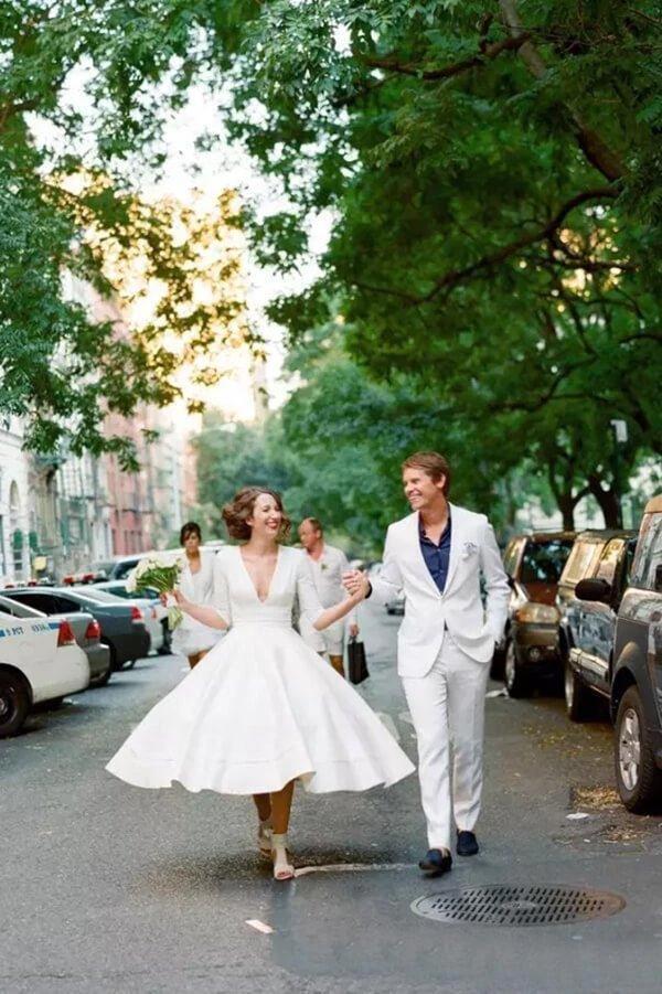 Modest A-line V-neck Half Sleeves Tea Length Taffeta Wedding Dresses, MW531 by Musebridals
