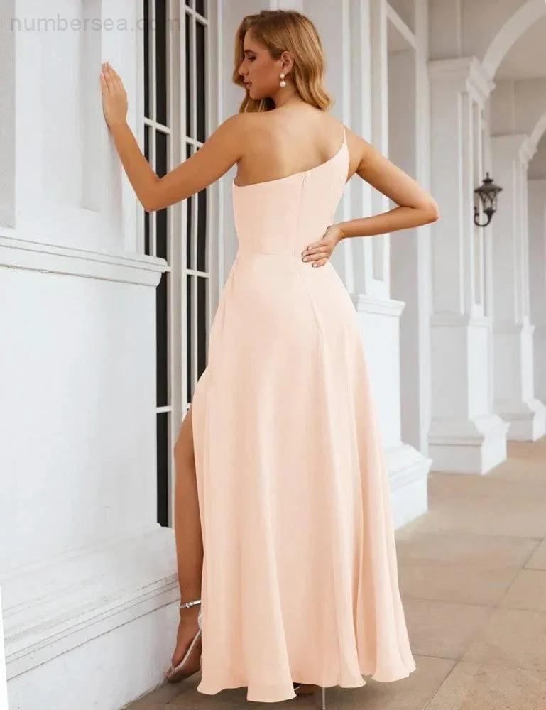 Numbersea One Shoulder Chiffon Bridesmaid Dresses Long Formal Homecoming Prom Gowns for Women Party Wedding Evening SEA28052 by numbersea