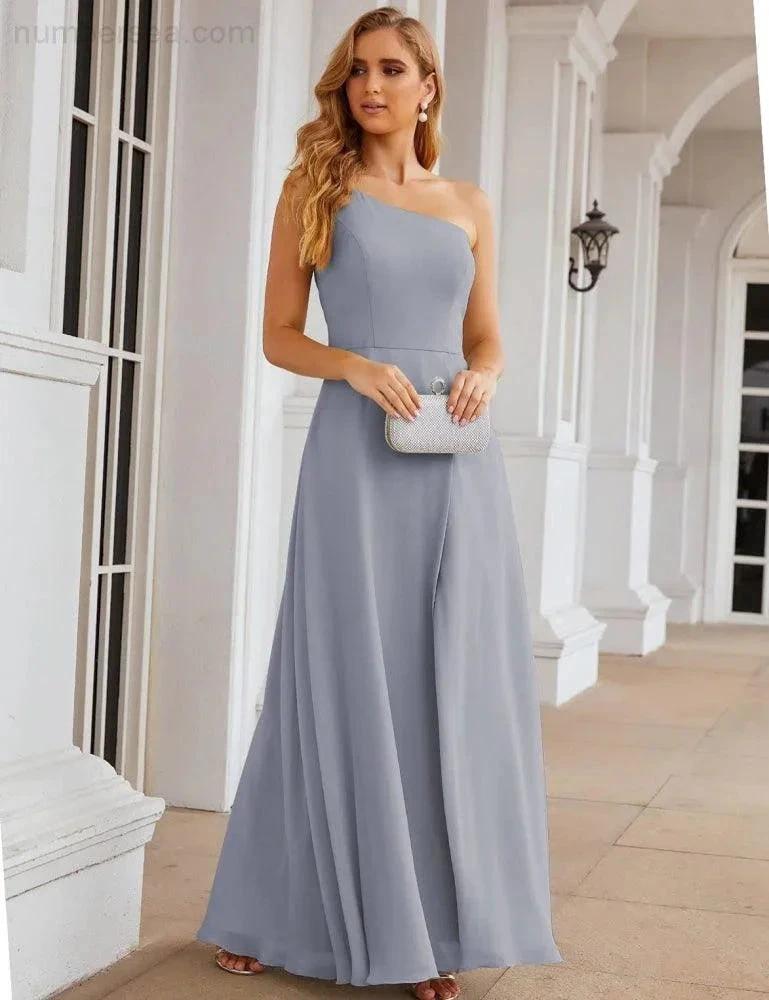 Numbersea One Shoulder Chiffon Bridesmaid Dresses Long Formal Homecoming Prom Gowns for Women Party Wedding Evening SEA28052 by numbersea