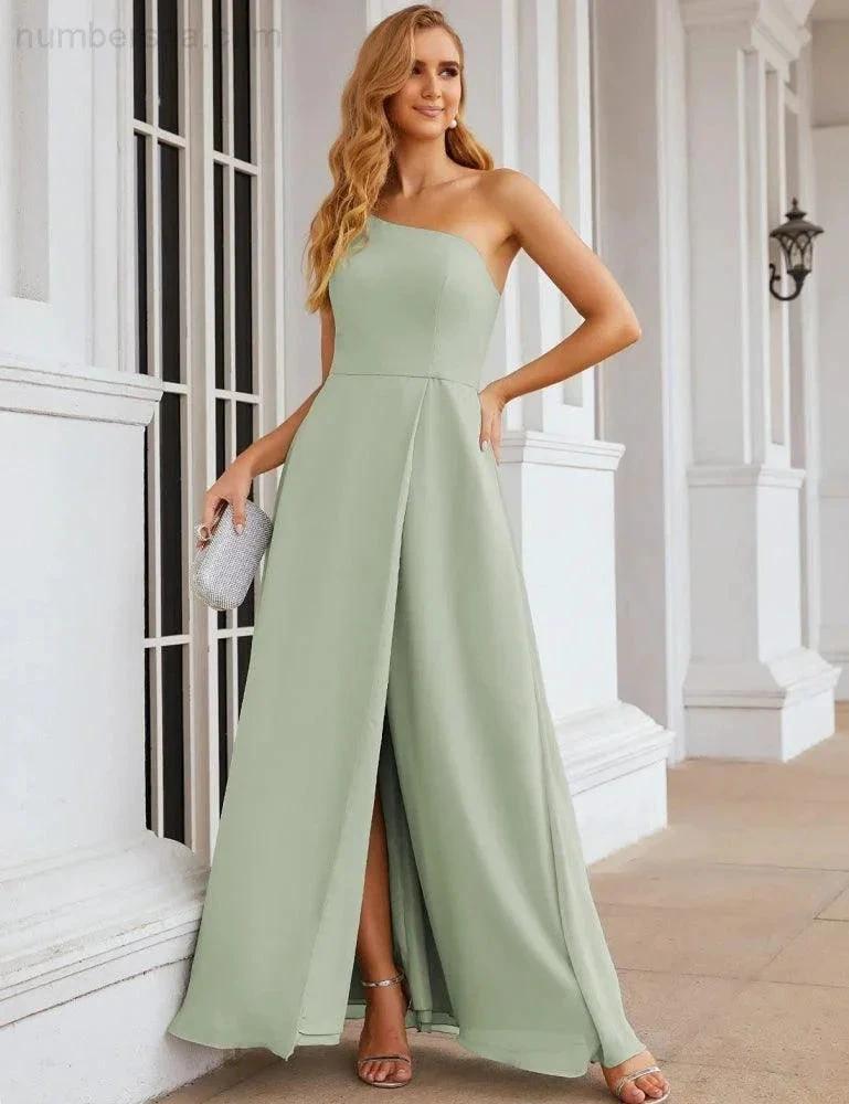 Numbersea One Shoulder Chiffon Bridesmaid Dresses Long Formal Homecoming Prom Gowns for Women Party Wedding Evening SEA28052 by numbersea