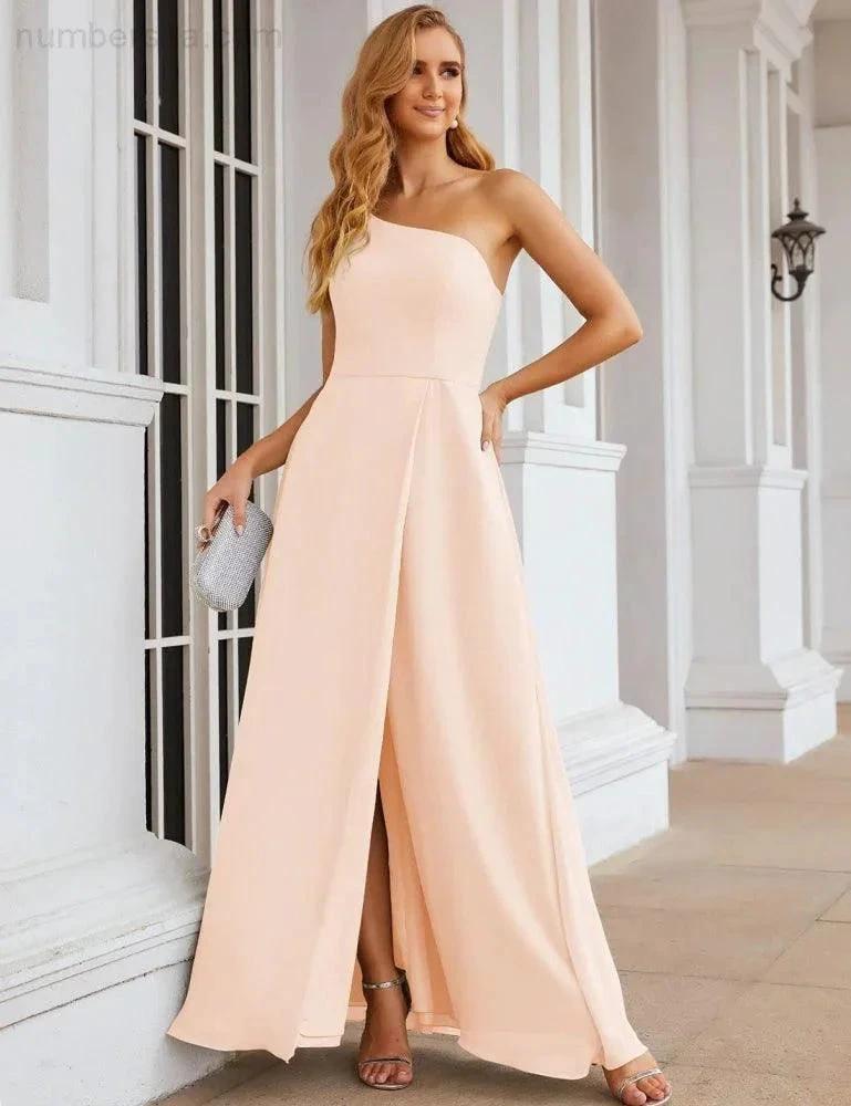 Numbersea One Shoulder Chiffon Bridesmaid Dresses Long Formal Homecoming Prom Gowns for Women Party Wedding Evening SEA28052 by numbersea