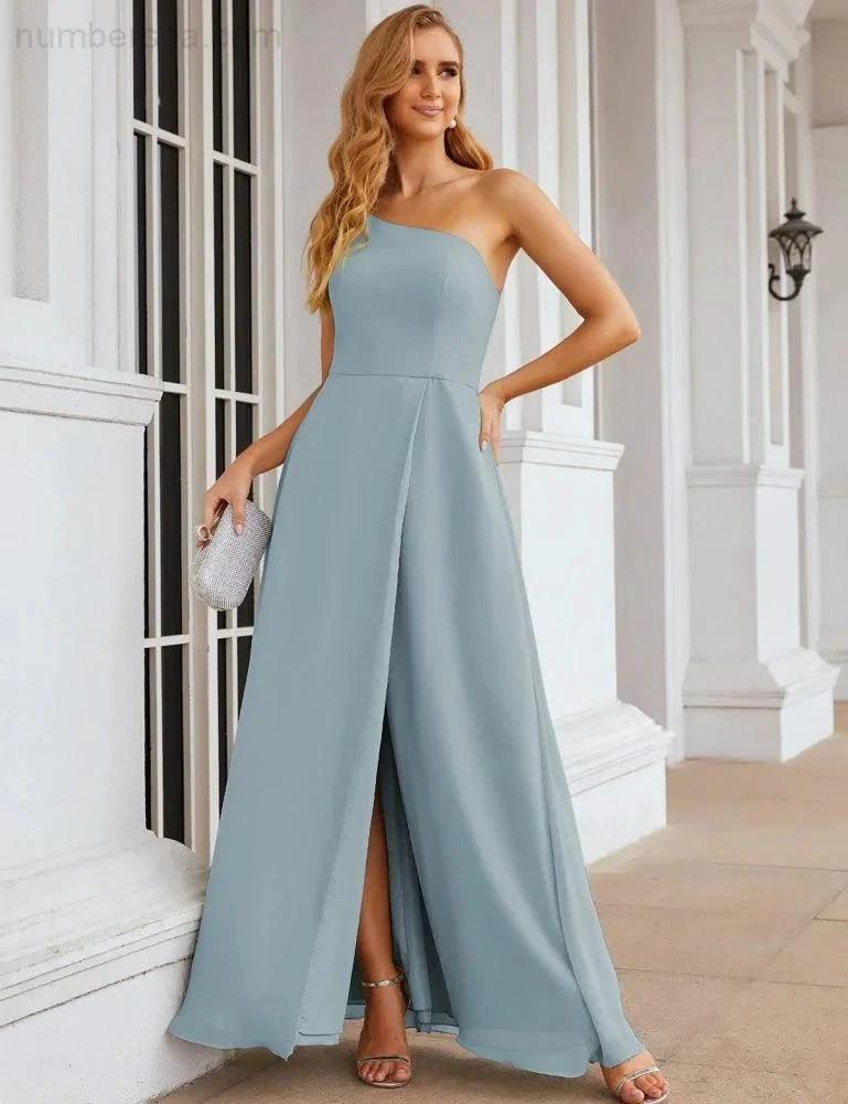 Numbersea One Shoulder Chiffon Bridesmaid Dresses Long Formal Homecoming Prom Gowns for Women Party Wedding Evening SEA28052 by numbersea