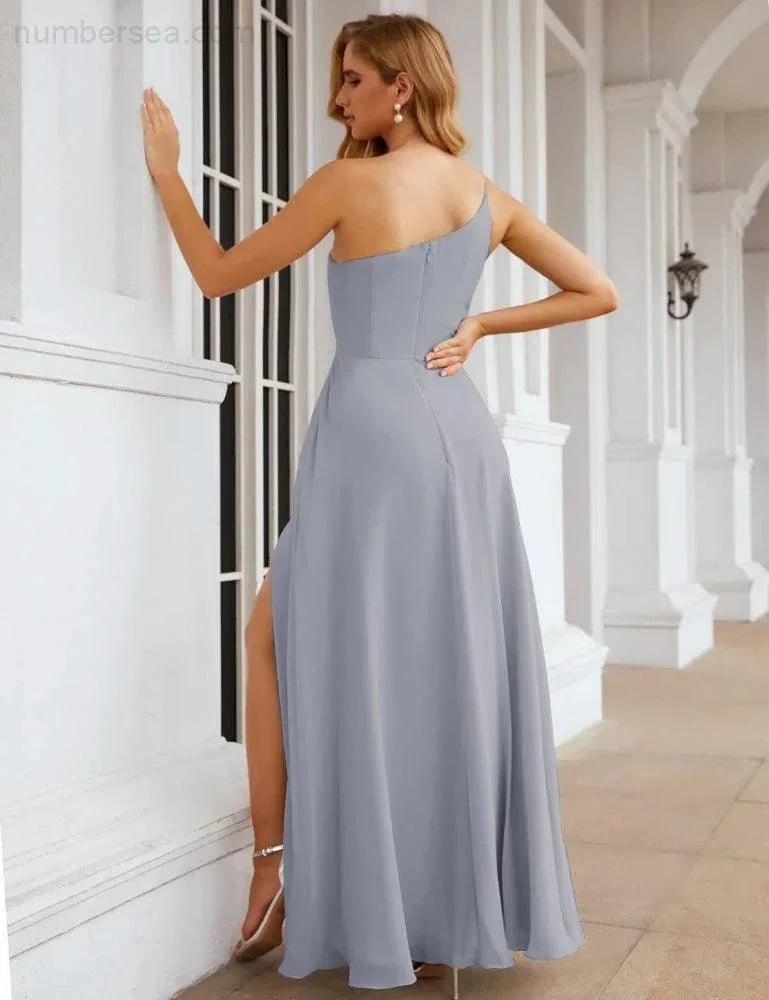 Numbersea One Shoulder Chiffon Bridesmaid Dresses Long Formal Homecoming Prom Gowns for Women Party Wedding Evening SEA28052 by numbersea